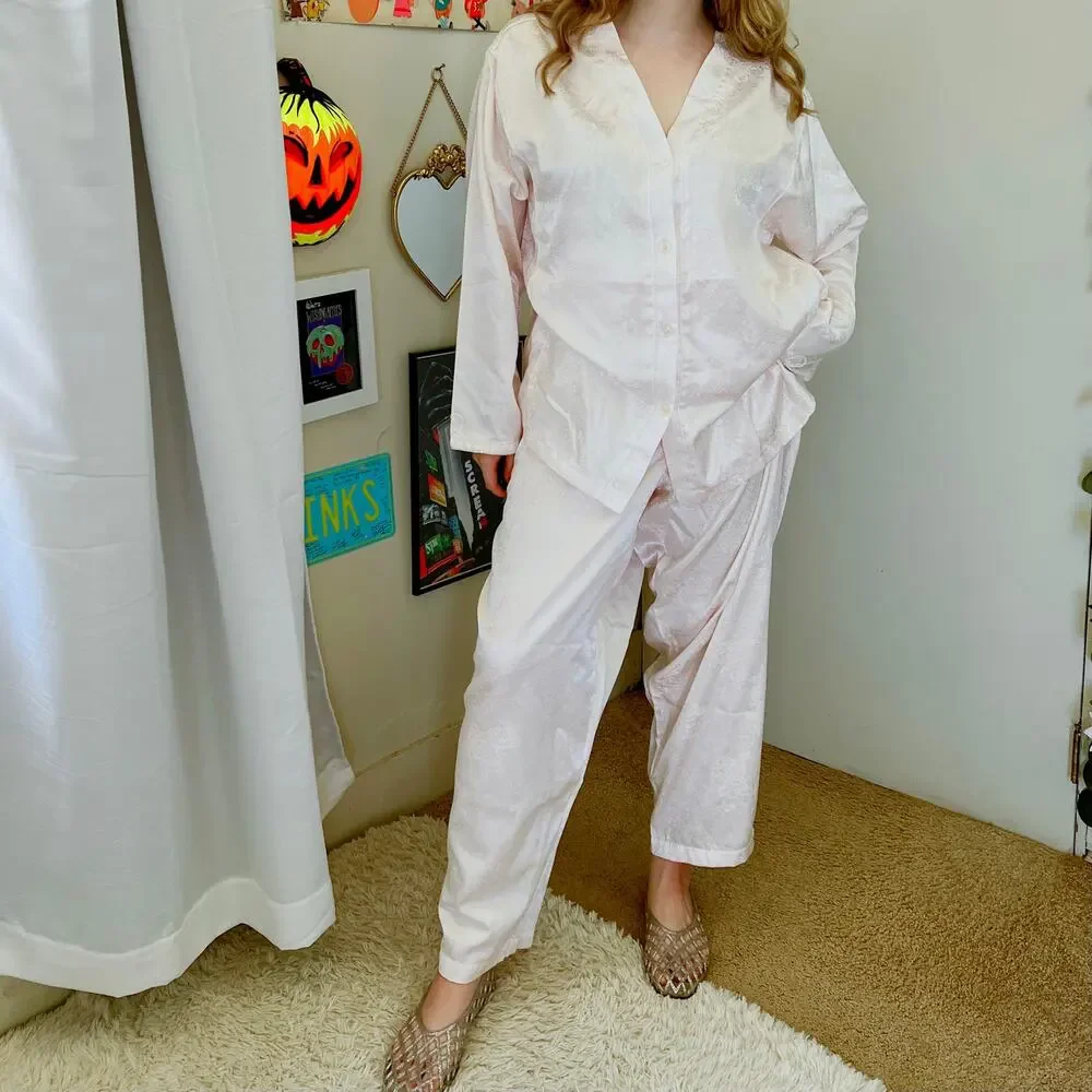 Vintage 90s Jaclyn Smith Pale Pink Satin Pajamas Plus Size XL 2X